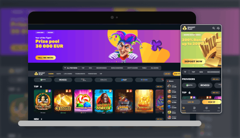 Rocket Play Casino Übersicht: Spieloberfläche mit beliebten Slot-Spielen und Navigation
